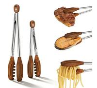 2 Pcs Kitchen Cooking Tongs, Stainless Steel Cooking Clamp Wooden Kitchen Tongues, Heat Resistant Serving Tongs for Food Toaster Tongs, Non-Slip Locking Salad Tong for Cooking, Buffet, Air Fryer