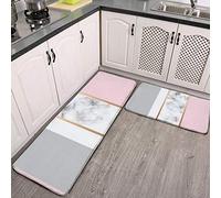 2 Pcs Kitchen Rug Set, Elegant White Marble Grey Pink Non-Slip Kitchen Mats and Rugs Soft Flannel Non-Slip Area Runner Rugs Washable Durable Doormat Carpet, OneSize
