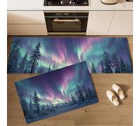2 Pcs Kitchen Rugs and Mats Purple Winter Forest Kitchen Rug Sets, Northern Lights Floor Mats Washable Non Slip Rug Runner for Office Sink Laundry 44x75cm+44x150cm