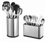 2 PCS Kitchen Utensil Holder Set, Stainless Steel Countertop Caddy, 360° Rotating Round 3 Compartment Organizer, Rectangular 4 Compartment Flatware Holder, Removable Drain Base, Silver