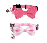 2 Pcs Kitten Bow Tie Collar with Bell Cute Cat Collars for Girl Cats Breakaway Safety Collars Plaid Solid Color Gift Pet Collar Set djustable Small Puppy Safety Pet Collar