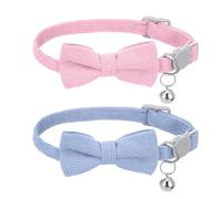 2 Pcs Kitten Collars, Soft Corduroy Small Cat Collar with Bell and Bow Tie, Adjustable Breakaway Safety Kitten Collars for Pets (Pink and Light blue)