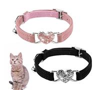 2 Pcs Kitten Collars with Bells,Lovely Cat Collar,Adjustable Elastic Strap Collar,Crystal Heart Pendant Cute Pet Supplies for Small Animal Indoor Outdoor 8-10 inch (Black+Pink)