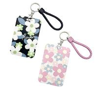 2 Pcs Kpop Photocard Holder Keychain Flower ID Badge Holder With PC Holder Student Bus Card Pendant Badge Reel Stationery for Back to School (Black and Pink)