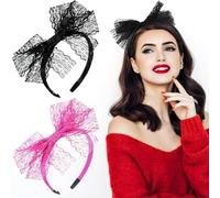 2 PCS Lace Bow Headband, 1980s Elastic Cosplay Hair Hoop Large Bowknot Neon Lace Headband 80s Hair Accessories for Theme Party Women Girls Carnival Christmas Part Daily Decoration (Black+Pink)