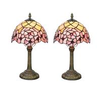 2 Pcs Lamp Cherry Blossom Style Stained Glass Lamps Bedroom Bedside Table Lamp for Dorm Office Art Craft Antique Decor Nightstand Vintage Metal Reading Desk Lamps 8",Pink