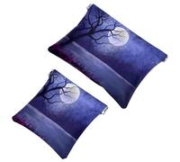 2 PCS Landscape Moonlight Nature Tree Pocket Cosmetic Bag, Self-Closing Shrapnel Makeup Pouch, Portable No Zipper Mini Travel Make Up Bag for Coin Lipstick Cosmetics Earphones Jewelry Organizer