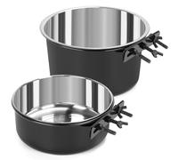 2 Pcs Large Dog Food Water Bowl for Cage with Upgraded Clamp Holder, Black Pet Kennel Hanging Bowls Stainless Steel Non-Spill Detectable Bowls Crate Feeder Dish for Large Dogs (7x3.7''& 6.3x2.5'')