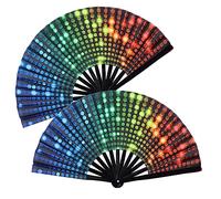 2 PCS Large Folding Fan Bamboo Folding Hand Fan, Rave Fan Clack Folding Hand Fan Chinese/Japanese Nylon-Cloth Folding Fan for Festival, Dance, Performance, Party, Gift, Decoration(Neon Light)