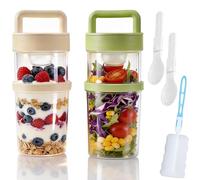 2 PCS Large Overnight Oats Jars with Lids and Spoon, 560ml+360ml, Leak-Proof Cereal Cup on the Go, BPA-Free, Double Layer Dry Wet, Reusable Yoghurt Containers for School, Office, Travel with Cup Brush