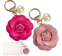2 PCS Leather Flower Keychain Bag Charm Camellia Leather Flower Keychain Purse Charms Floral Jewelry Car Decoration Pink Key Ring Elegant Rose Purse Charms Retro Keychains Accessories for Women Girls