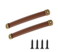 2 Pcs Leather Handles for Drawers, Cabinet Pulls, Leather Drawer Handles with Mounting Screws, Vintage Leather Trunk Pulls, Leather Strap Handles for Luggage, Suitcase, Cabinets (Brown)