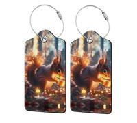 2 PCS Leather Luggage Tags for Suitcases - Glowing Autumn Squirrel Suitcase Tags Luggage Identifiers for Suitcases, ID Labels Name Travel Bag for Luggage Accessories with Steel Loop