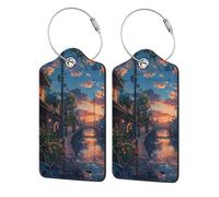 2 PCS Leather Luggage Tags for Suitcases - Twilight Canal Reflection Suitcase Tags Luggage Identifiers for Suitcases, ID Labels Name Travel Bag for Luggage Accessories with Steel Loop