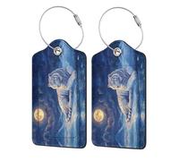 2 PCS Leather Luggage Tags for Suitcases - White Tiger Under Full Moon Suitcase Tags Luggage Identifiers for Suitcases, ID Labels Name Travel Bag for Luggage Accessories with Steel Loop