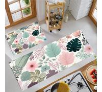 2 Pcs Leaves And Flowers Kitchen Rugs and Mats, Anti Fatigue Jungle Elements Kitchen Rug Sets,Comfort Floor Mats Washable Non Slip Kitchens Rug Runner for Office Sink Laundry (Pink Green