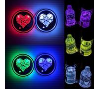 2 PCS LED Cup Holder Lights, 7 Colors Changing Cup Holder Coasters for Car USB Charging LED Car Cup Holder Lights, Cup Holder Light Car Accessories for Teens (Heart)