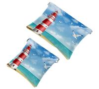 2 PCS Lighthouse Beach Sea Seagulls Pocket Cosmetic Bag, Self-Closing Shrapnel Makeup Pouch, Portable No Zipper Mini Travel Make Up Bag for Coin Lipstick Cosmetics Earphones Jewelry Organizer