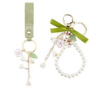 2 Pcs Lily of The Valley Flower Key Chains, Green Ribbon Forest Cute Keychains, Women's Leather Key Rings, Anti-Lost Pearl Pendant for Women And Girls for Car Keys Handbags Clothing