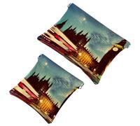 2 PCS London the Big Ben Clock Night Scenery Pocket Cosmetic Bag, Self-Closing Shrapnel Makeup Pouch, Portable No Zipper Mini Travel Make Up Bag for Coin Lipstick Cosmetics Earphones Jewelry Organizer
