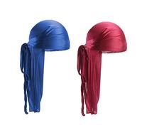 2 PCS Long Tail Durag, Silk Durag 360 Waves Headwraps Wide Straps Pirate Hair Loss Chemo Cap Bandana Turban Hat for Women and Men Hip-hop and Daily Decoration (Black, Wine red) (Royal Blue,Wine Red)