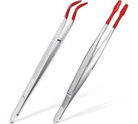 2 Pcs Long Tweezers,Tweezers for Crafting, Coated Flat Tip Stainless Steel Forceps Non Marring Pincettes for Stamp Coins Jewelry Industrial Electronic Hobby Craft Tools
