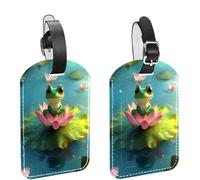 2 Pcs Lotus Leaf Frog PU Leather Luggage Tags Travel Suitcase Labels with Adjustable Strap Privacy Protection Cover for Preventing Loss of Baggage