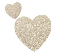 2 Pcs Love Heart Placemats and Matching Coaster Set, Gold Silver Rose Gold Red Valentines Day Wedding Decorations PVC Washable Kitchen Mats for Kitchen Dining Table (Gold)