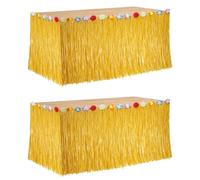 2 Pcs Luau Grass Table Skirt, Hawaiian Party Decorations Hawaiian Table Skirt 75 x 275 cm with Hibiscus Flowers Straw Yellow Party Skirt for Luau Party Hawaiian Theme Party