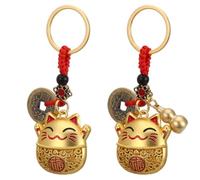 2 PCS Lucky Cat Keychain, Cat Keychain with Five Emperors Feng Shui Coins