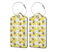2 Pcs Luggage Tag for Suitcase Cheerful Bumble Bees PU Leather Privacy Cover ID Label with Stainless Steel Loop and Address Card for Travel Bag Suitcase
