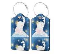 2 Pcs Luggage Tag for Suitcase Cute Elephant Sitting in The Moon with Little Bunny PU Leather Privacy Cover ID Label with Stainless Steel Loop and Address Card for Travel Bag Suitcase