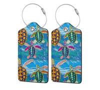 2 Pcs Luggage Tag for Suitcase Little Sea Turtles PU Leather Privacy Cover ID Label with Stainless Steel Loop and Address Card for Travel Bag Suitcase
