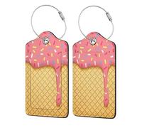 2 Pcs Luggage Tag for Suitcase Pink Ice Cream PU Leather Privacy Cover ID Label with Stainless Steel Loop and Address Card for Travel Suitcase Bag
