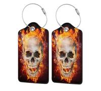 2 Pcs Luggage Tag for Suitcase Satanic Skull in Flames in The Darkness PU Leather Privacy Cover ID Label with Stainless Steel Loop and Address Card for Travel Bag Suitcase