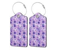 2 Pcs Luggage Tag for Suitcase Violet PU Leather Privacy Cover ID Label with Stainless Steel Loop and Address Card for Travel Suitcase Bag