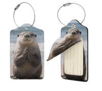 2 PCS Luggage Tag for Suitcases,PU Leather Luggage Tags with Stainless Steel Loop Name Tag, Suitcase Labels Set Praying Otter Baggage Bag Tag Travel ID Label for Men Women
