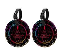 2 Pcs Luggage Tags, Bill Cipher Wheel Zodiac Privacy Cover ID Label with Leather Strap and Address Card for Travel Bag Suitcase