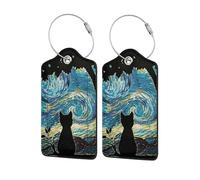 2 Pcs Luggage Tags for Suitcase, Black Cat Starry Night Personalised Luggage Tags with Privacy Cover ID Label Address Card and Durable Metal Ring Suitable for Men Women Backpack
