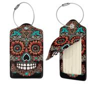 2 PCS Luggage Tags for Suitcase PU Leather Suitcase Tag with Stainless Steel Loop Cute Bag Tags Sugar Skulls Day of The Dead Travel Baggage Tags Name ID Labels for Cruise Airport Travel Essentials