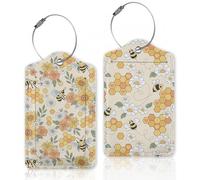 2 Pcs Luggage Tags for Suitcase,Retro 70s 60s Groovy Hippie Flower Bee Luggage Tag Name Id Labels with Privacy Cover for Travel Backpack Women Men
