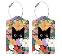 2 Pcs Luggage Tags for Suitcases, Leather Luggage Labels, Cute Black Cat Flowers Design Suitcase Tags for Preventing Loss Protects Personal Info, Durable Unique Travel Tags Accessories