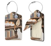 2 Pcs Luggage Tags for Suitcases, Pu Leather Cat On The Shelf Suitcase Tags with Privacy Cover Label Address Card and Durable Metal Ring Baggage Tags for Men Women Handbags Backpacks
