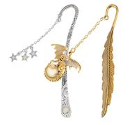 2 Pcs Luminous Bookmark Carved Hook Page Markers Antique Dragon Feather Book Mark Glow in The Dark Moon Stars Pendant Reading Accessories Gift for Bookworm Readers Crafting DIY