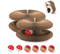 2 PCS Magic Organ Cat Scratcher Board with 6 Balls, Foldable Recyclable Accordion Cats Toy with Ball and Track Adventure, Cat Scratching Pad, Retractable Reversible Furniture Protector(Brown)