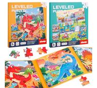 2 Pcs Magnetic Puzzles for Kids 3-7 Year Olds, 25/30/42 Pieces Dinosaur Traffic Jigsaw Puzzle Books for Educational Travel Toys Car Airplane Activities, Birthday Gifts