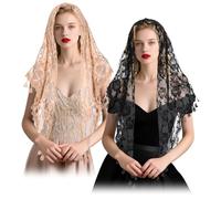 2 Pcs Mantilla Catholic Chapel Veils, Triangle Veil Cathedral Head Covering Triangle Lace Tulle Scarf Covering for Women Latin Mass Veils Church Headband Floral Headwrap for Wedding (Black, Khaki)