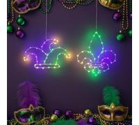 2 Pcs Mardi Gras Windows Lights - Fleur De Lis & Masquerade Mask Hanging Lights with Suction Cup, for Indoor Home Décor, Carnival & Party Decorations