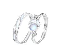 2 Pcs Matching Silver Moonstone Promise Rings for Couples Women Men Him Her - Adjustable, Gift Packaging