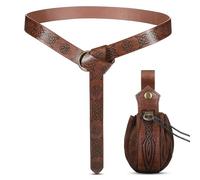 2 Pcs Medieval Viking Belt Medieval Faux Leather Belt Pouch Renaissance Leather Belt Medieval Bag Renaissance Accessories, brown, about 165 x 3.5 cm/ 64.96 x 1.38 inches, Retro